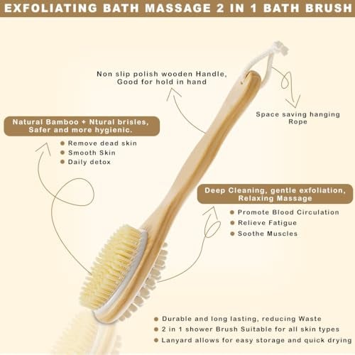 Tony Stark 2-in-1 Long Handle Body Brush | Exfoliating & Massaging Bath Brush | Helps Reduce Cellulite | Boosts Blood Circulation | Gently Removes Dead Skin Cells | Natural Soft Bristles – 1 Piece - Image 3