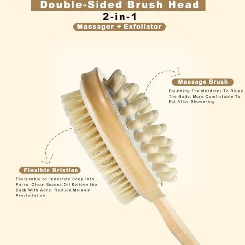 Tony Stark 2-in-1 Long Handle Body Brush | Exfoliating & Massaging Bath Brush | Helps Reduce Cellulite | Boosts Blood Circulation | Gently Removes Dead Skin Cells | Natural Soft Bristles – 1 Piece - Image 2