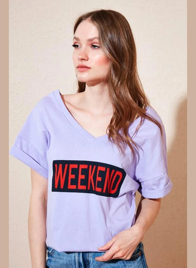 ليلا تي شيرت قطن % بطبعة نسائي بياقة