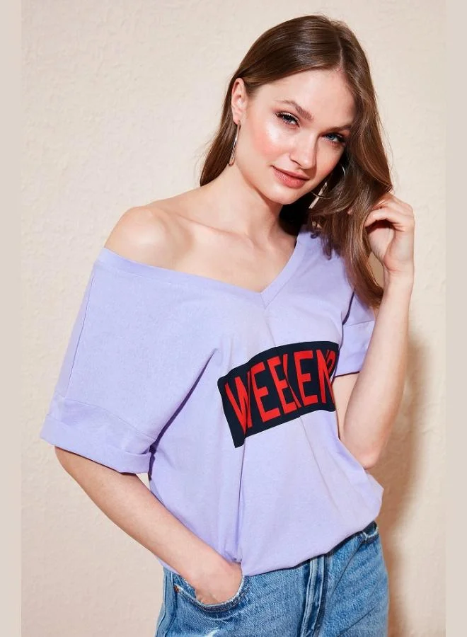 Lela Lela 100% Cotton Printed V-Neck T-Shirt Women's T-Shirt 6010022