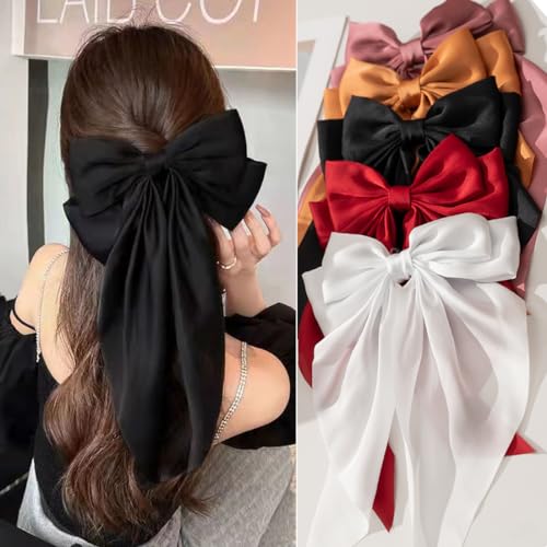 FDBJulyy Premium Black Satin Hair Bows and Clips Set for Women & Girls - 5 PCS Bow-knot Hair Clip, Big Bows Claw Clips, Non-Slip Clip for Thick and Thin Hair - Image 1