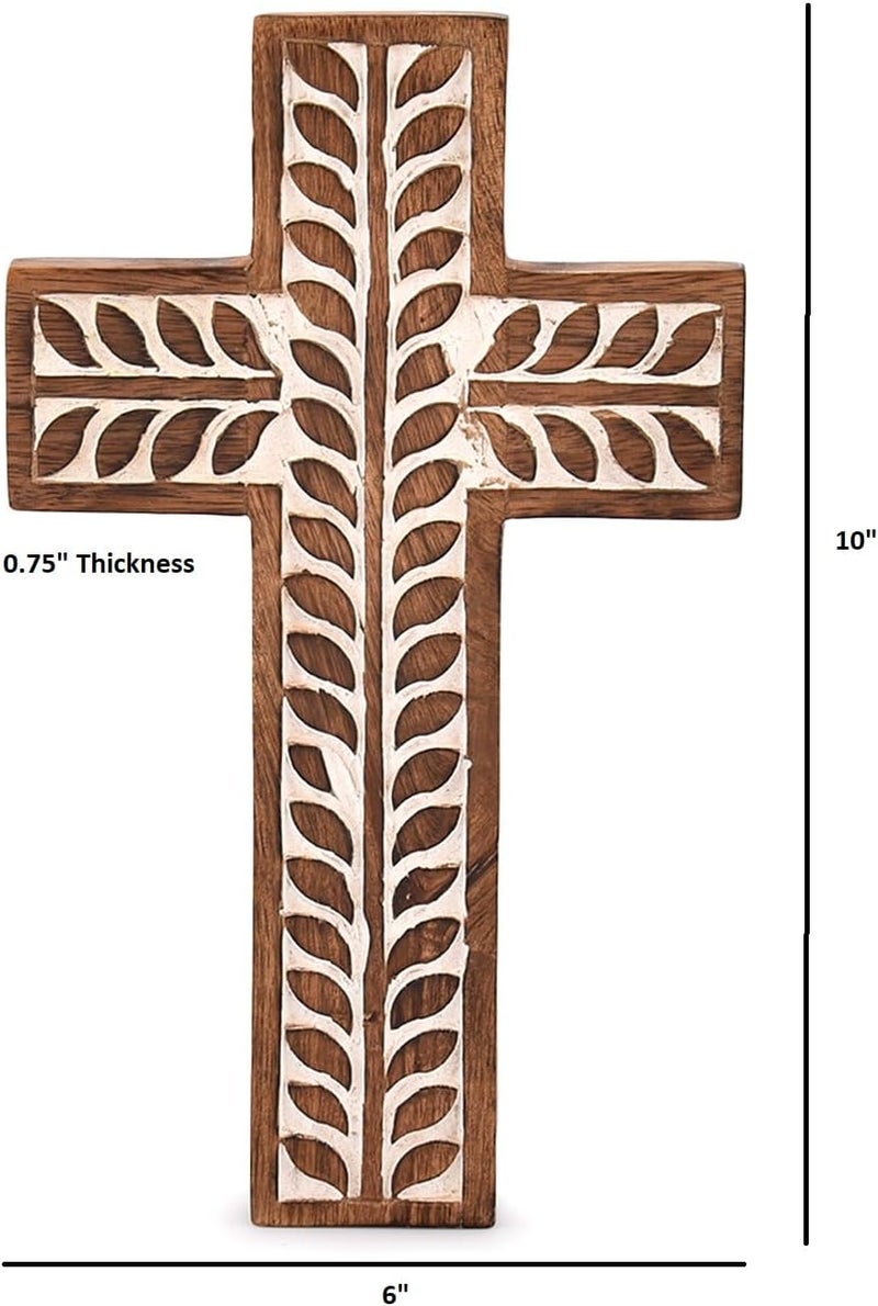 NIRMAN Mango Wood Religious Catholic Cross Wall Hanging Floral Carvings Living Room Home Décor for Entryway Office Living Room (10" x 6" x 0.75") - Image 5