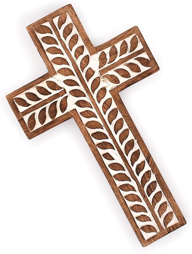 NIRMAN Mango Wood Religious Catholic Cross Wall Hanging Floral Carvings Living Room Home Décor for Entryway Office Living Room (10" x 6" x 0.75") - Image 2