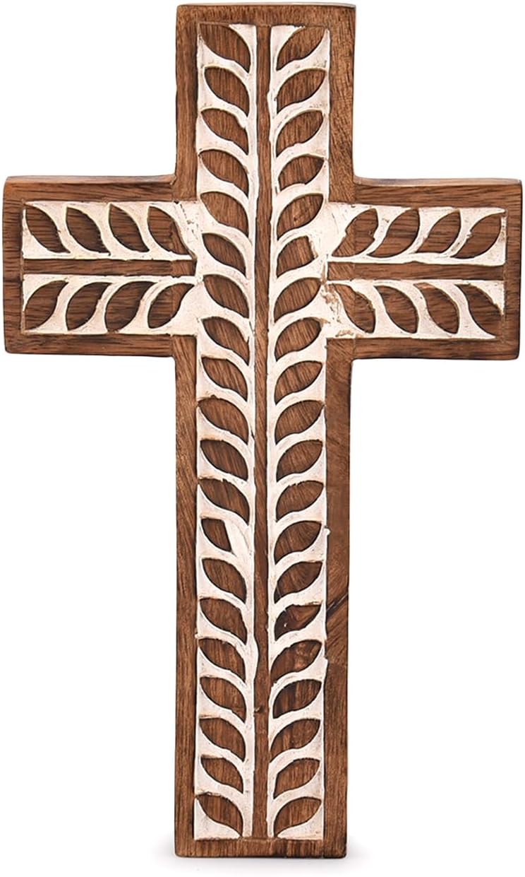 NIRMAN Mango Wood Religious Catholic Cross Wall Hanging Floral Carvings Living Room Home Décor for Entryway Office Living Room (10" x 6" x 0.75") - Image 1