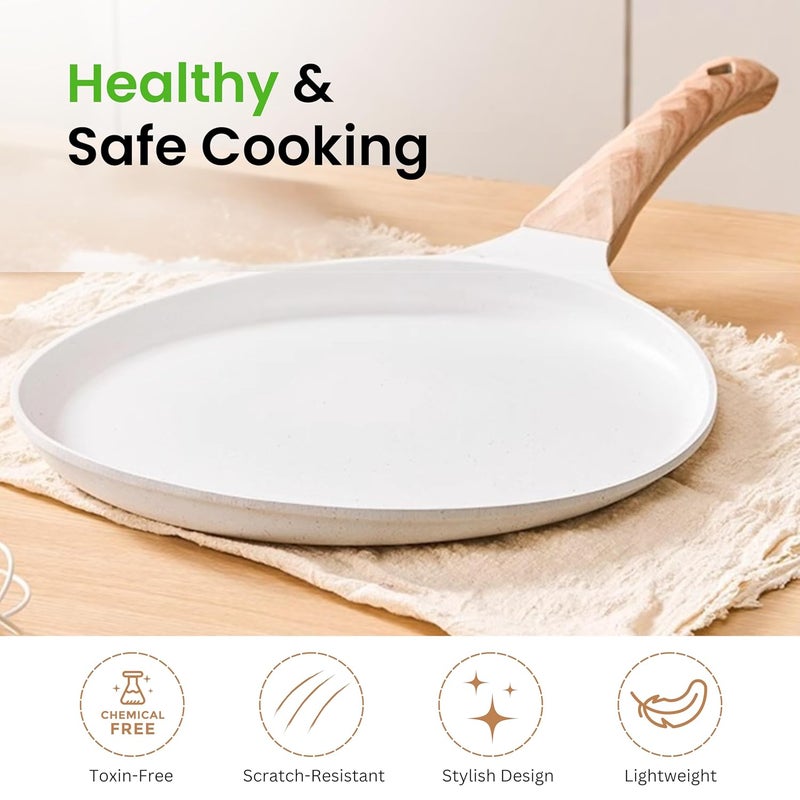 Home Essentials HomeEssentials Maifan Nonstick Tawa Healthy Nonstick Pan with Wooden HandleEasy to Clean Cooking Pan for Dosa Chapati Pancakes OmeletsInduction Gas Stove White - Image 3