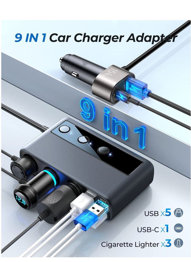 SYOSI - 9 in 1 Car Charger Adapter, 3 Socket Cigarette Lighter Splitter with PD/QC 3.0 * 2 Charge(3.3FT Cable), Cast Charge, Independent Switches DC Cigarette Outlet Car Charger for All Car Devices - Image 1