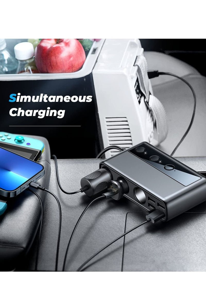 SYOSI - 9 in 1 Car Charger Adapter, 3 Socket Cigarette Lighter Splitter with PD/QC 3.0 * 2 Charge(3.3FT Cable), Cast Charge, Independent Switches DC Cigarette Outlet Car Charger for All Car Devices - Image 1