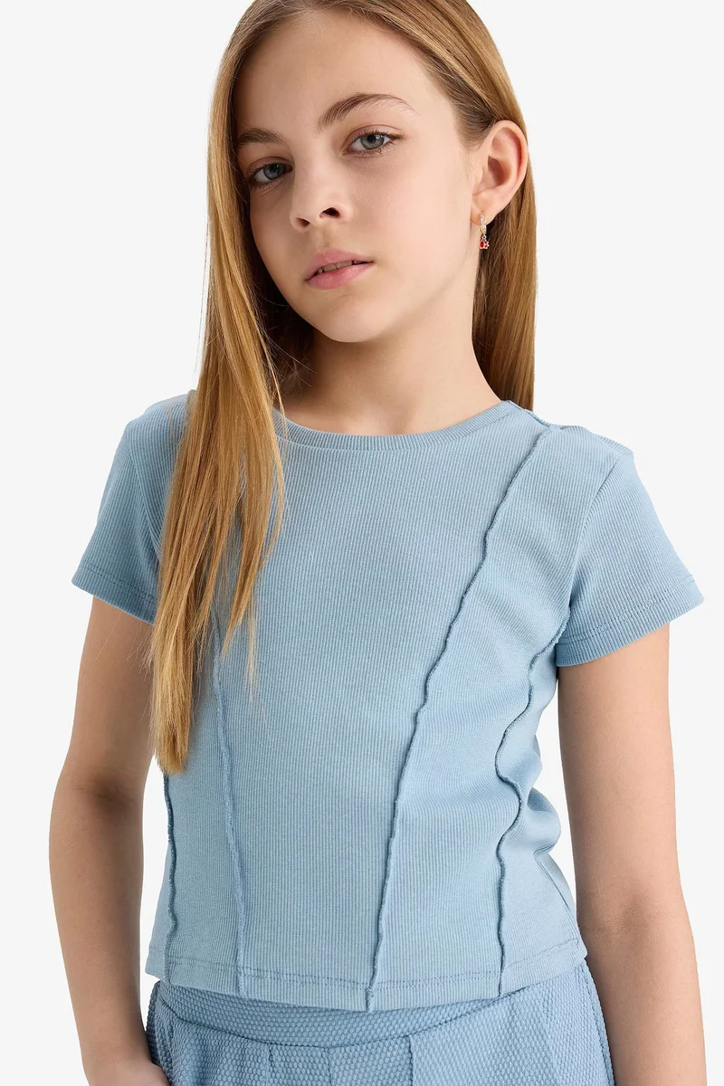 ديفاكتو Girl Slim Fit Crew Neck Basic Ribbed T-Shirt