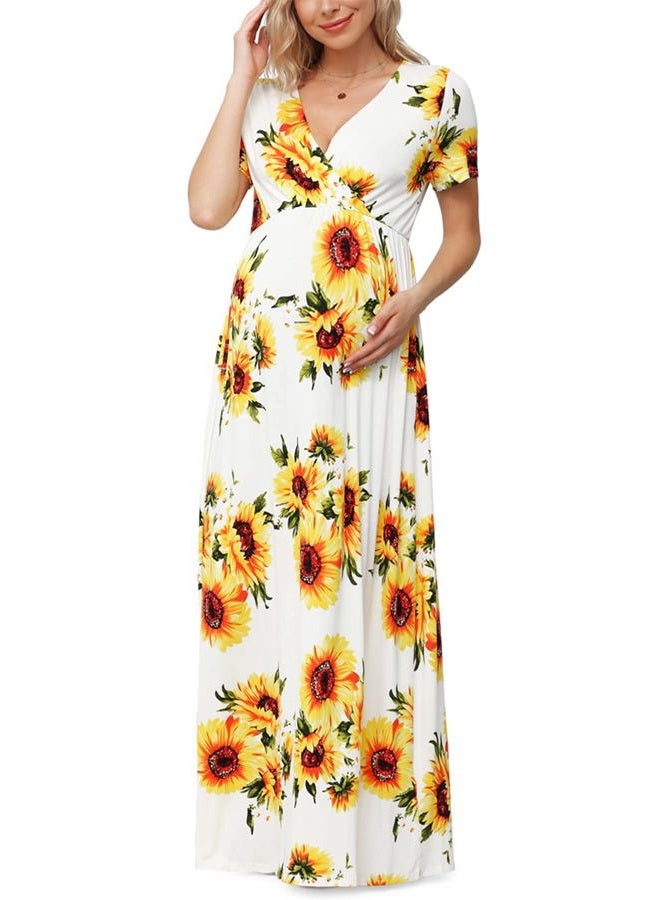 Xpenyo Maternity Maxi Dress Women Casual Wrap Long Baby Shower Pregnancy Dresses, Sunflower White, XL - Image 4