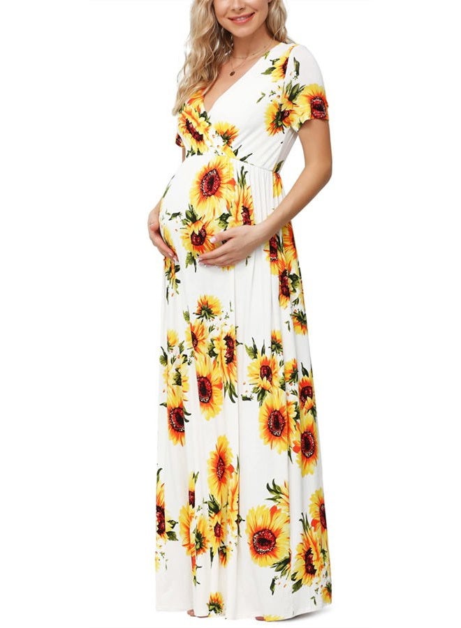 Xpenyo Maternity Maxi Dress Women Casual Wrap Long Baby Shower Pregnancy Dresses, Sunflower White, XL - Image 1