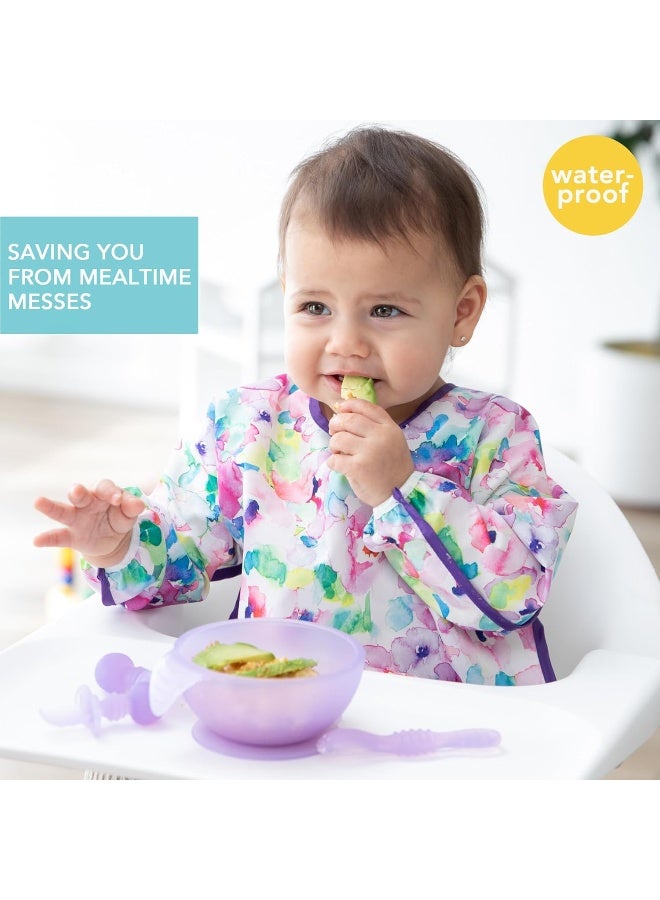 Bumkins Sleeved Bib for Girl or Boy, Baby and Toddler for 6-24 Mos, Essential Must Have for Eating, Feeding, Baby Led Weaning, Long Sleeve Mess Saving Food Catcher, Soft Fabric, Watercolors Floral - Image 2
