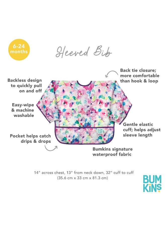 Bumkins Sleeved Bib for Girl or Boy, Baby and Toddler for 6-24 Mos, Essential Must Have for Eating, Feeding, Baby Led Weaning, Long Sleeve Mess Saving Food Catcher, Soft Fabric, Watercolors Floral - Image 5
