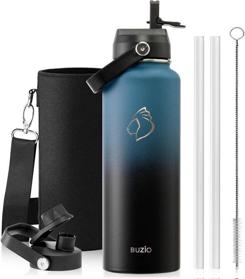 BUZIO Water Bottle with Straw Lid and Flex Cap, 40oz Modern Double Vacuum Stainless Steel Water Flask, Cold for 48 Hrs Hot for 24 Hrs Simple Thermo Canteen Mug, Indigo Black - Image 1
