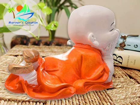 Mariner's Creation Polyresin Cute Baby Monk Laughing Buddha Showpiece - Orange | Best for Home Décor, Vastu, Good Luck, Home Decoration, Car, Decorative Item, Gifts, Positive Vibes Energy - Image 3