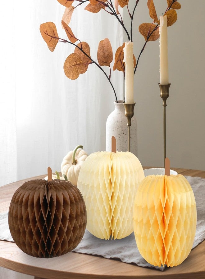 Whaline 12Pcs Fall Honeycomb Centerpiece 3 Shapes Paper Pumpkin Honeycomb Decorations Beige Brown Autumn Table Ornaments for Halloween Thanksgiving Party Supplies - Image 1