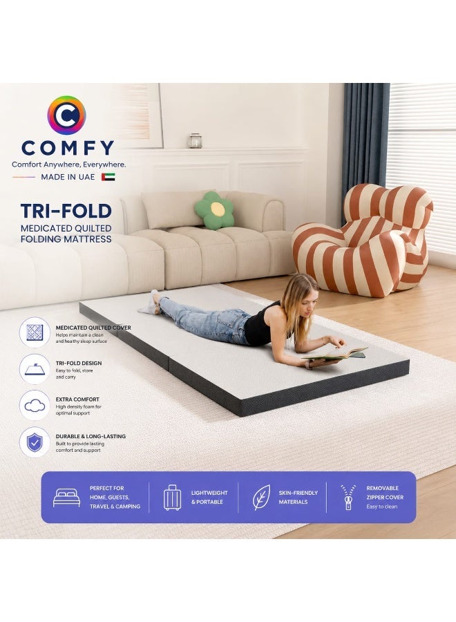 COMFY WHITE FOLDING PREMIUM KNITTED COTTON 180 X 90 X 10CM MATTRESS WITH BLACK BORDER - Image 1