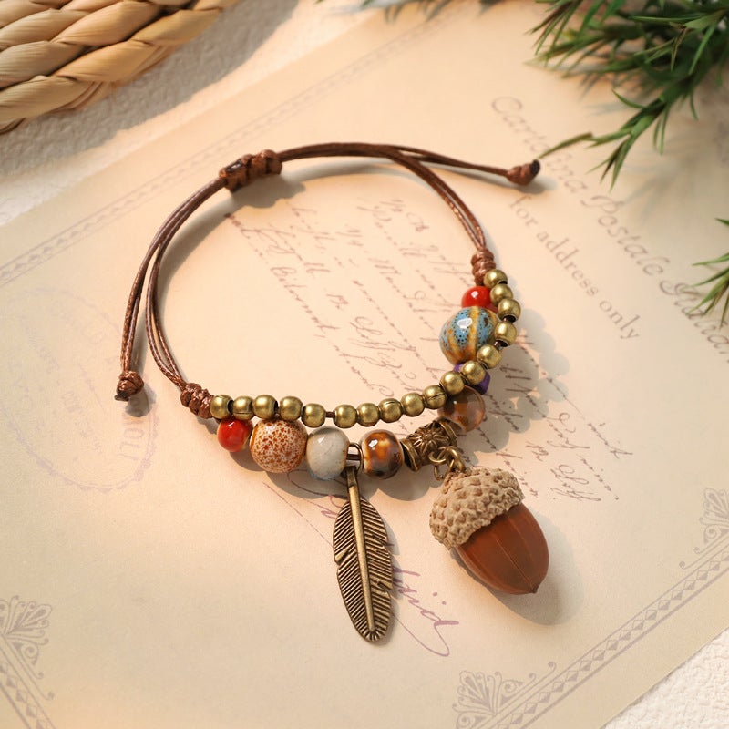 Handwoven Ceramic Plant Acorn Bracelet with Natural Fruit Charms, Vintage Style - Image 3