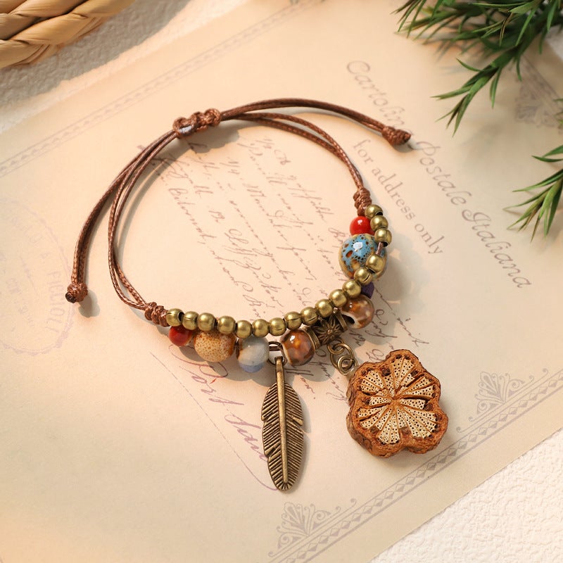 Handwoven Ceramic Plant Acorn Bracelet with Natural Fruit Charms, Vintage Style - Image 1