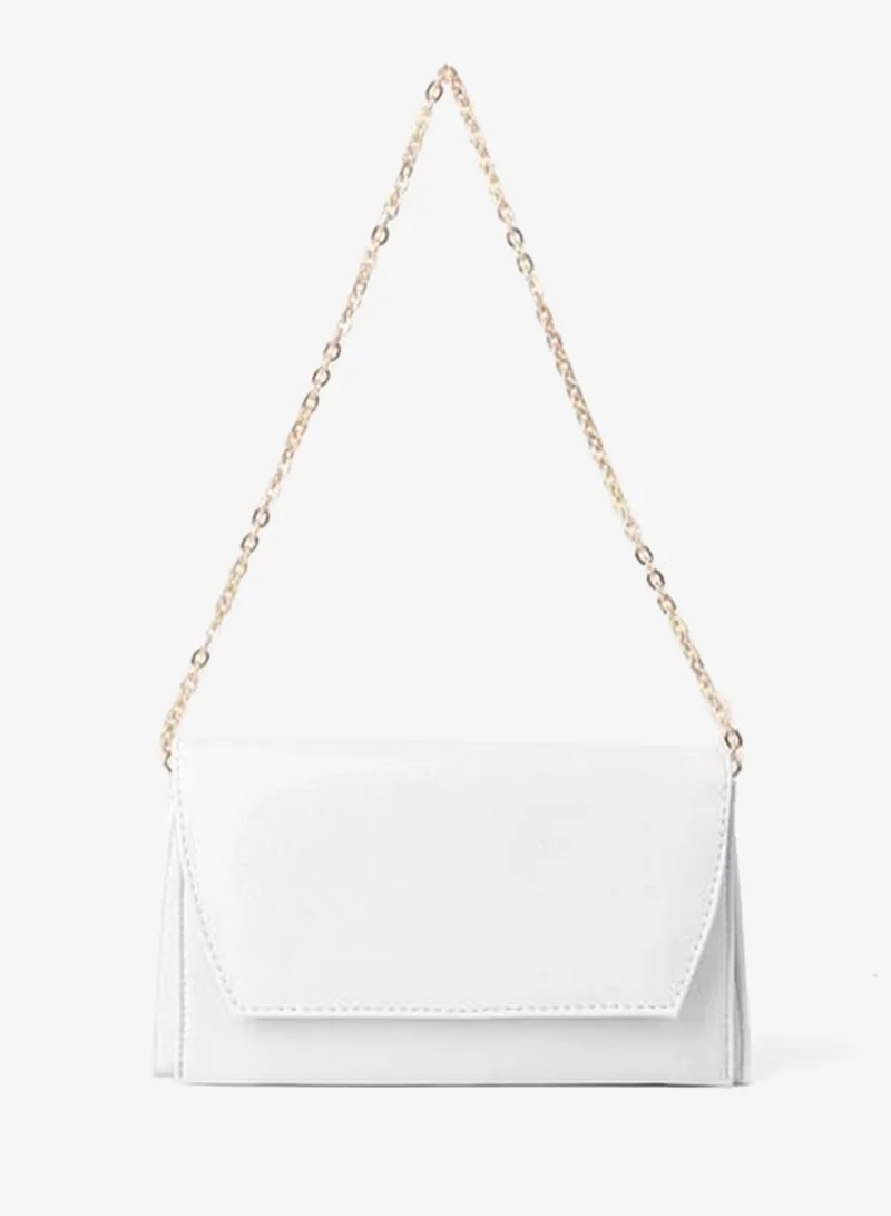 Women's White Envelope Design 2-Compartment Mini Chain Strap Snap-Closure Clutch and Handbag.