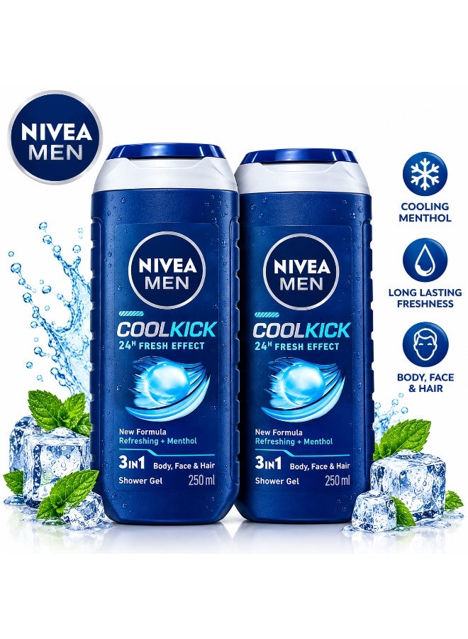 NIVEA MEN Cool Kick 3-in-1 Shower Gel, Refreshing Menthol for Body, Face & Hair, 250ml, Pack of 2 - Image 1