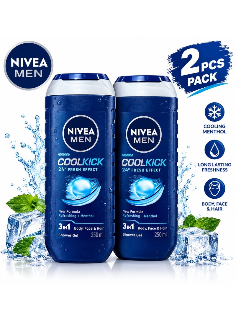 NIVEA MEN Cool Kick 3-in-1 Shower Gel, Refreshing Menthol for Body, Face & Hair, 250ml, Pack of 2 - Image 2