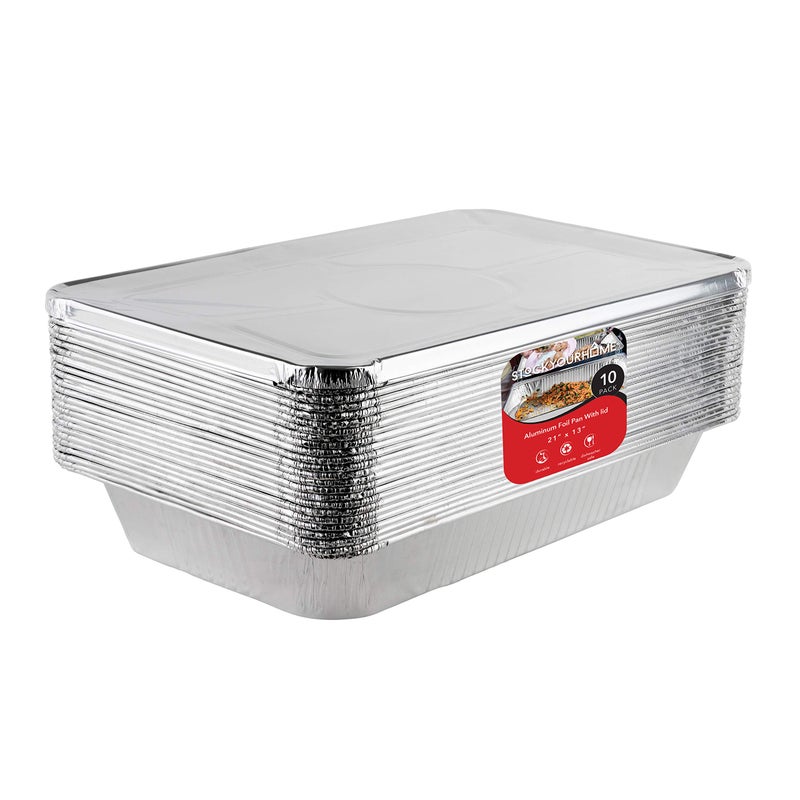Stock Your Home Aluminum Pans with Lids 21x13 Disposable Roasting Pans with Covers  10 Foil Pans and 10 Foil Lids  Sturdy Catering Pans  Disposable Food Containers Great for Prepping Large Slabs of Meat