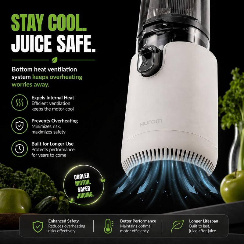 Hurom Cold Press Slow Juicer with Mega Hopper, 150W Quiet Motor, BPA-Free Juicer for Whole Fruits & Vegetables, Easy Clean Masticating Juicer Extractor, Space-Saving Design, Mushroom White E50ST - Image 5