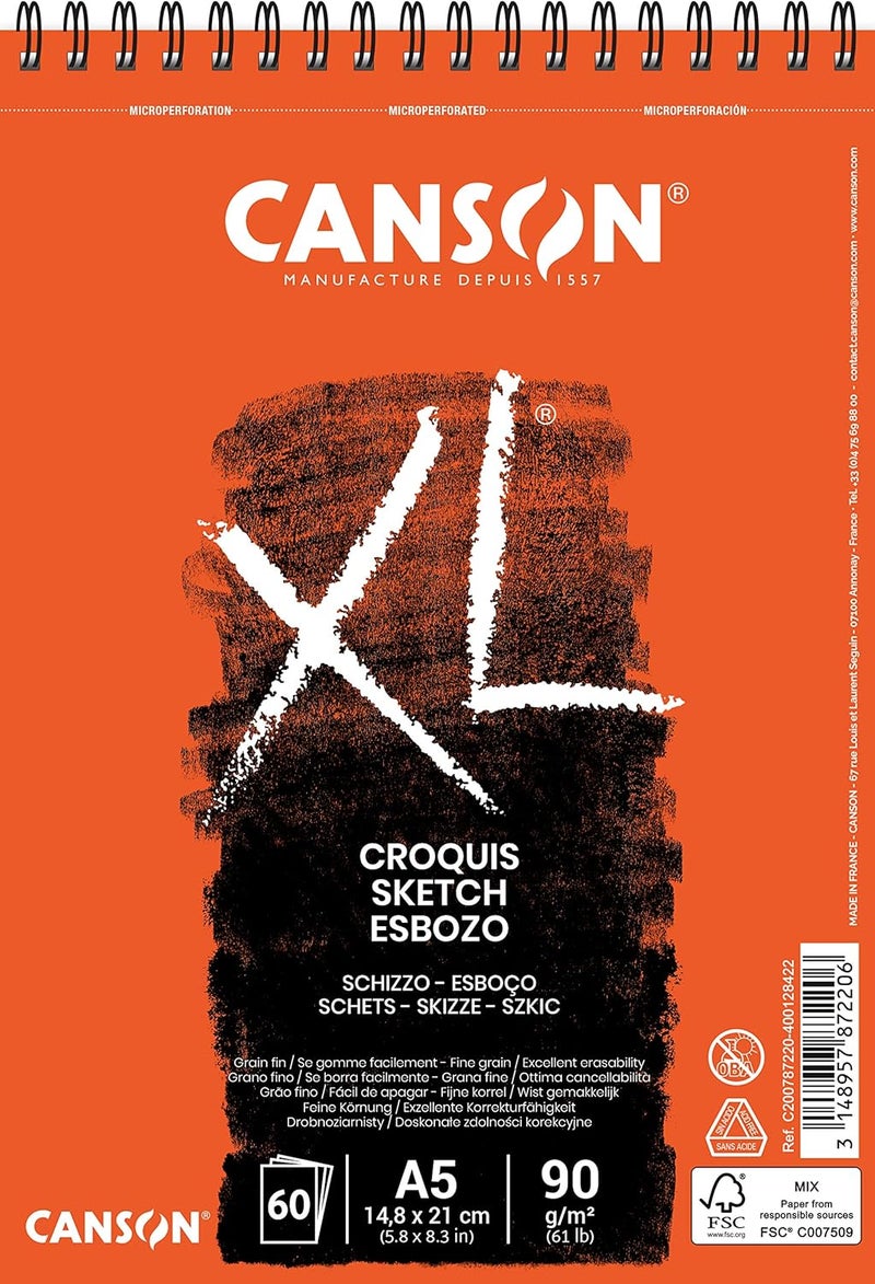 CANSON دفتر رسم كانسون XL 90 جرام A5 ورق حبيبات ناعمة حلزوني الجانب الطويل 60 ورقة عاجية مثالي للفنانين المحترفين والرسامين - Image 1