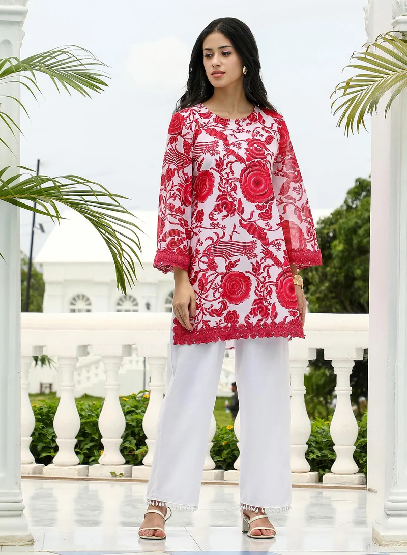 QISSA Women's Floral-Galleria Kurta Set For Ethnic Wear | Round Neck, Long Lace Cuffed Sleeves | Floral Print Woven Fabric | 2 Piece Kurta Set Designed For Casual & Daily Wear