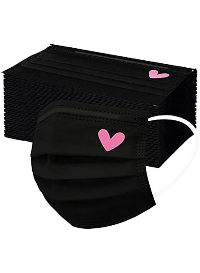 Arabest 50pcs Cute Disposable Face Masks, Pink And Black Masks with Hearts Printed, 3-Ply Full Face Protection for Women Teen Girls  - Image 1