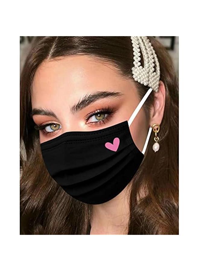 Arabest 50pcs Cute Disposable Face Masks, Pink And Black Masks with Hearts Printed, 3-Ply Full Face Protection for Women Teen Girls  - Image 2