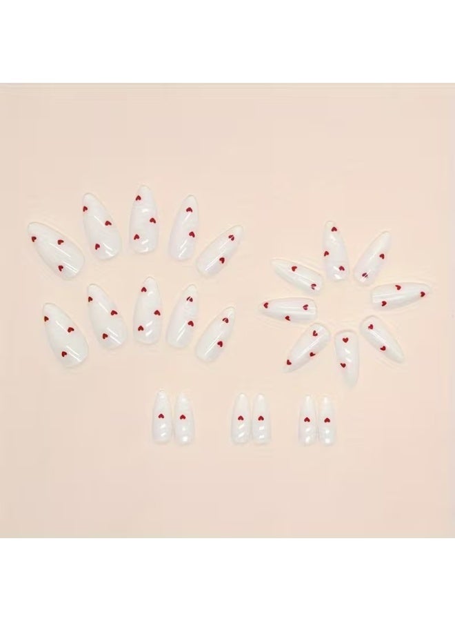 Goolsky 24pcs Valentine's Day Red Heart Press On Nails, Pure White Fake Nails, Medium Almond Shape - Image 2