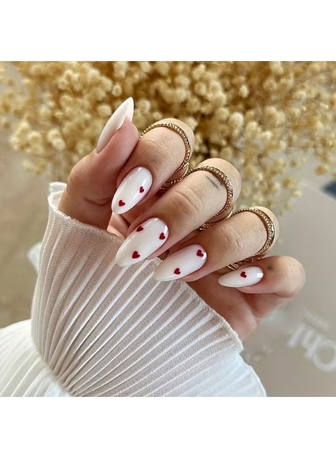 Goolsky 24pcs Valentine's Day Red Heart Press On Nails, Pure White Fake Nails, Medium Almond Shape - Image 1