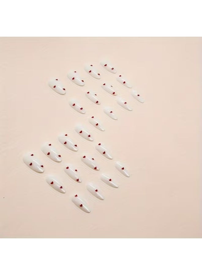 Goolsky 24pcs Valentine's Day Red Heart Press On Nails, Pure White Fake Nails, Medium Almond Shape - Image 3
