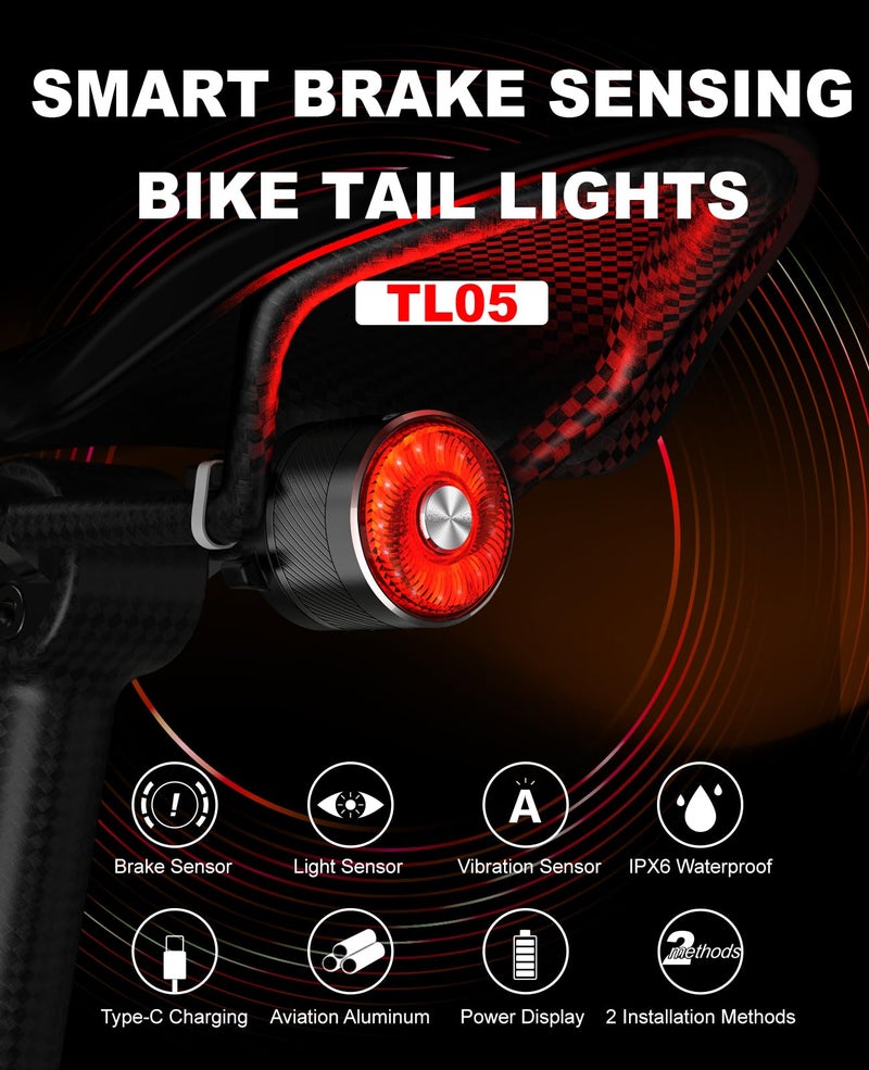 TOWILD TL05 Bike Tail Light Smart Brake Sensing Bike Rear Lights,Type-C Cable Waterproof Bicycle Back Lights Led Rechargeable Auto On/Off Taillight for Road Cycling Commuting - Image 2