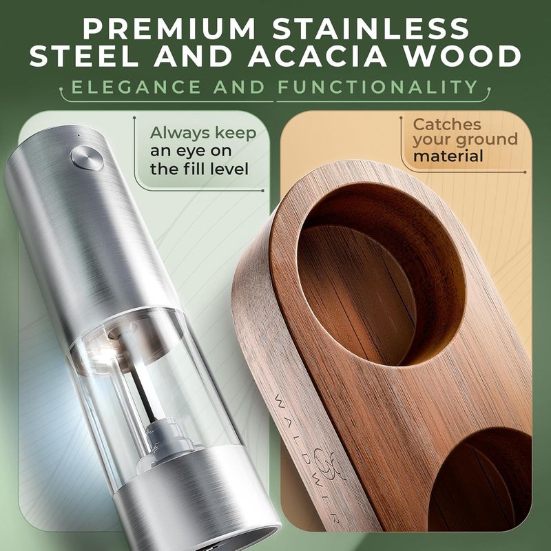 WALDWERK Electric Salt and Pepper Grinder Set (300 mAh Rechargeable Battery) - Salt and Pepper Shakers with Elegant Acacia Wood Stand – Rechargeable Automatic Salt and Pepper Grinder Set - Image 4