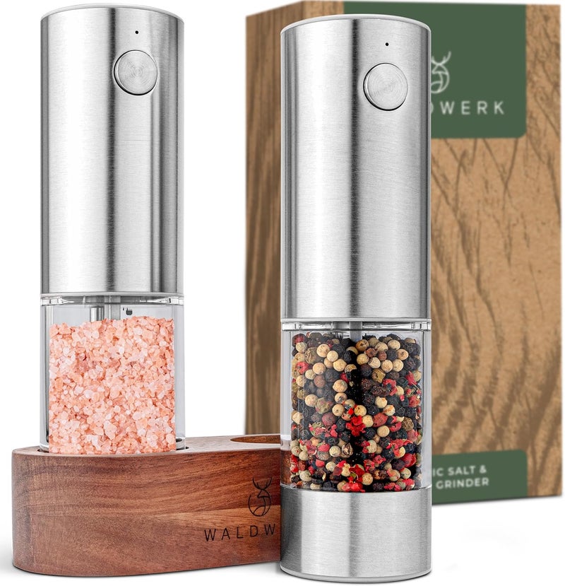 WALDWERK Electric Salt and Pepper Grinder Set (300 mAh Rechargeable Battery) - Salt and Pepper Shakers with Elegant Acacia Wood Stand – Rechargeable Automatic Salt and Pepper Grinder Set - Image 1