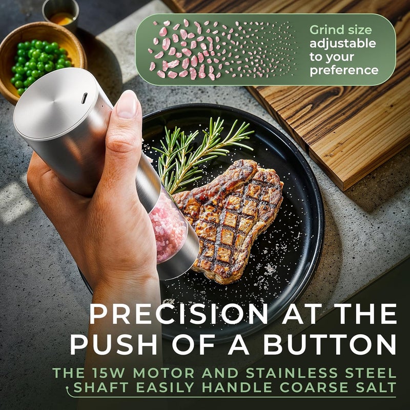 WALDWERK Electric Salt and Pepper Grinder Set (300 mAh Rechargeable Battery) - Salt and Pepper Shakers with Elegant Acacia Wood Stand – Rechargeable Automatic Salt and Pepper Grinder Set - Image 3