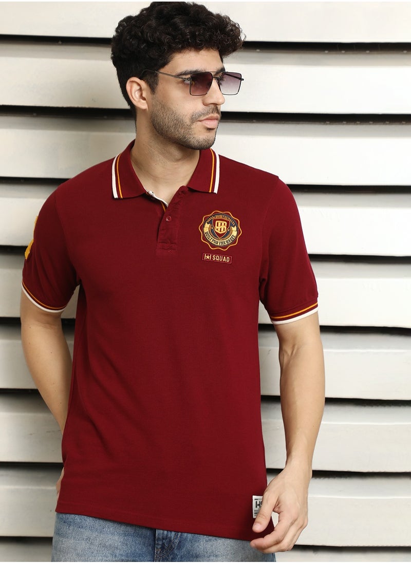 HIGH STAR Maroon Polo T-shirt for Men, Applique Detail, Pure Cotton, Short Sleeves  - Image 1