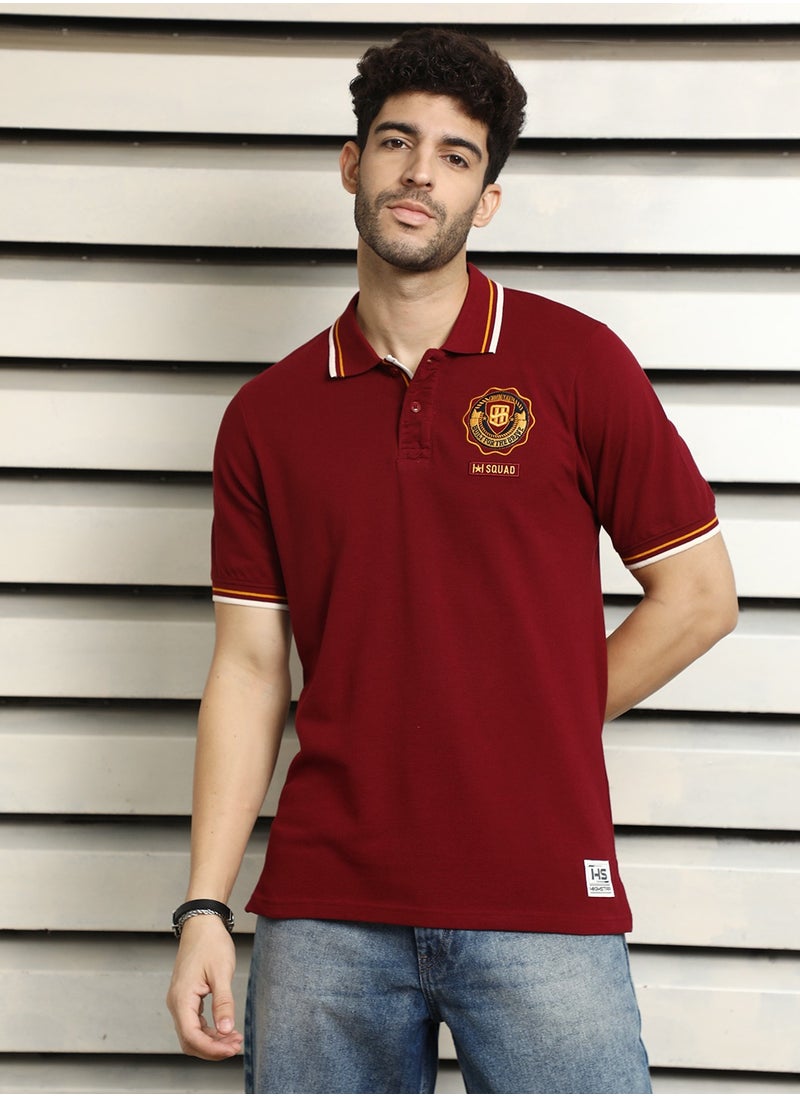 HIGH STAR Maroon Polo T-shirt for Men, Applique Detail, Pure Cotton, Short Sleeves  - Image 2