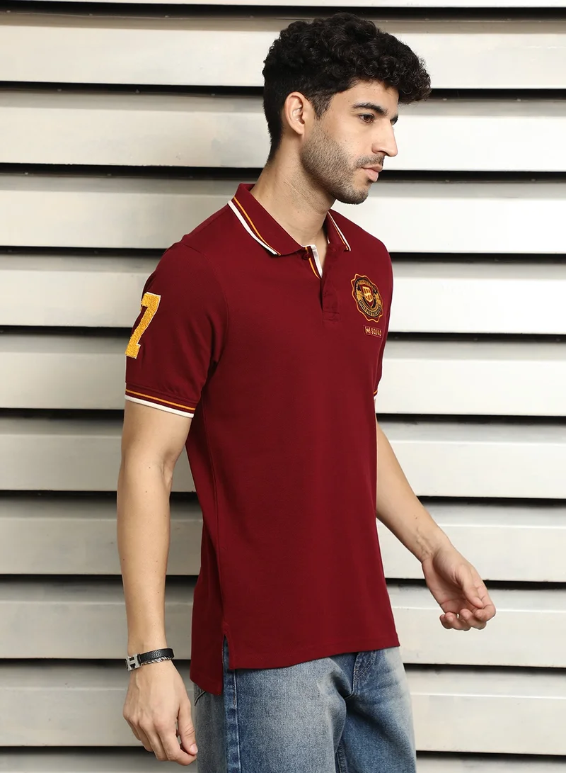 HIGH STAR Maroon Polo T-shirt for Men, Applique Detail, Pure Cotton, Short Sleeves