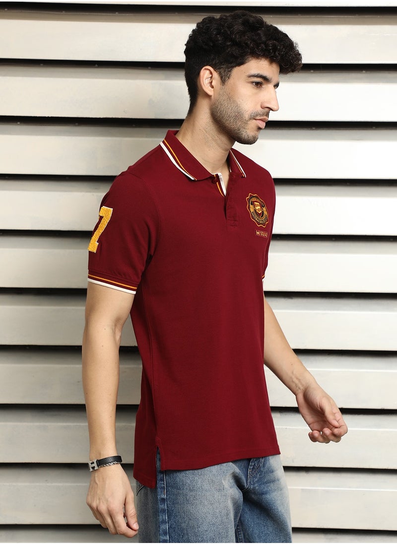 HIGH STAR Maroon Polo T-shirt for Men, Applique Detail, Pure Cotton, Short Sleeves  - Image 3