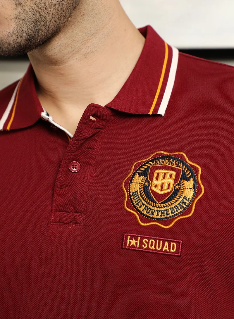HIGH STAR Maroon Polo T-shirt for Men, Applique Detail, Pure Cotton, Short Sleeves