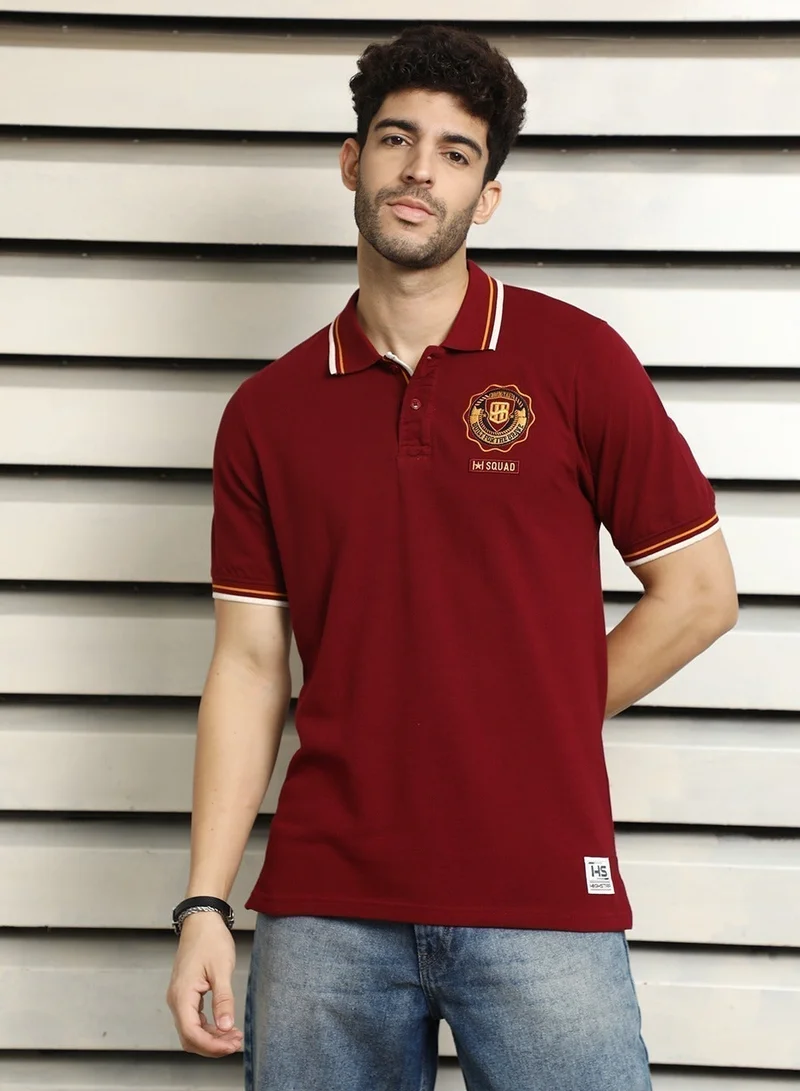 HIGH STAR Men's Maroon 100% Cotton Solid Pattern Polo Regular Fit T-Shirt