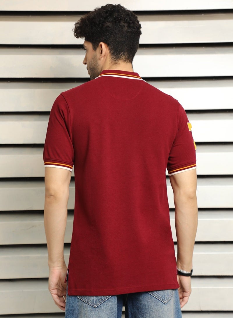 هاي ستار تيشيرت بولو رجالي مارون قطن خالص بأكمام قصيرة وتفاصيل مطرزة - Image 5