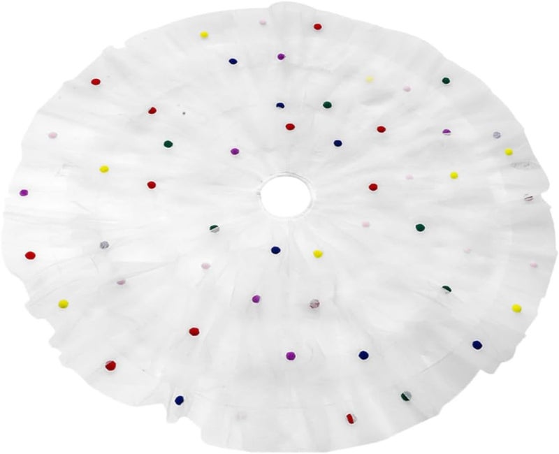 ARTIBETTER Decorative Christmas Tree Skirt with White Tulle and Pom Poms Pleated Xmas Tree Apron Mat for Holiday Home Décor - Image 1