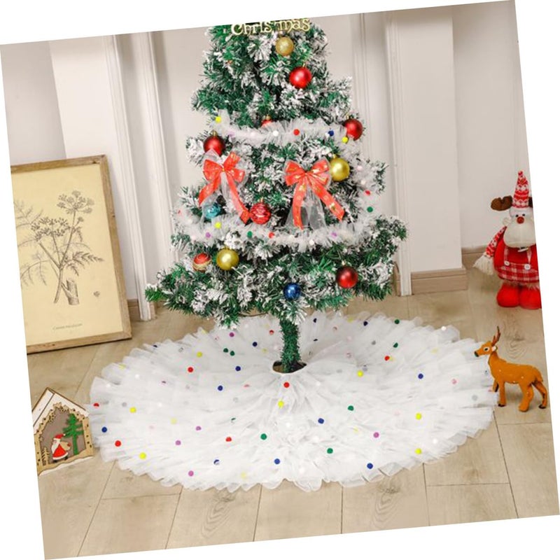 ARTIBETTER Decorative Christmas Tree Skirt with White Tulle and Pom Poms Pleated Xmas Tree Apron Mat for Holiday Home Décor - Image 5
