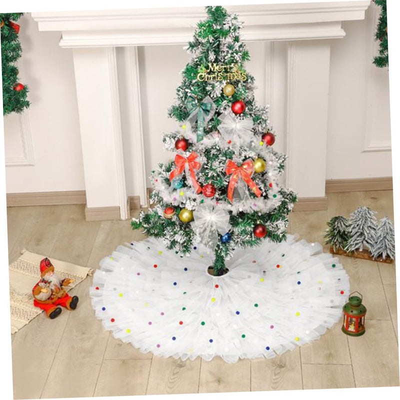 ARTIBETTER Decorative Christmas Tree Skirt with White Tulle and Pom Poms Pleated Xmas Tree Apron Mat for Holiday Home Décor - Image 4