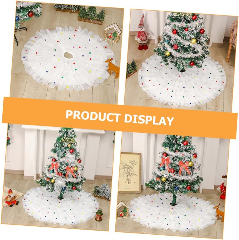 ARTIBETTER Decorative Christmas Tree Skirt with White Tulle and Pom Poms Pleated Xmas Tree Apron Mat for Holiday Home Décor - Image 3