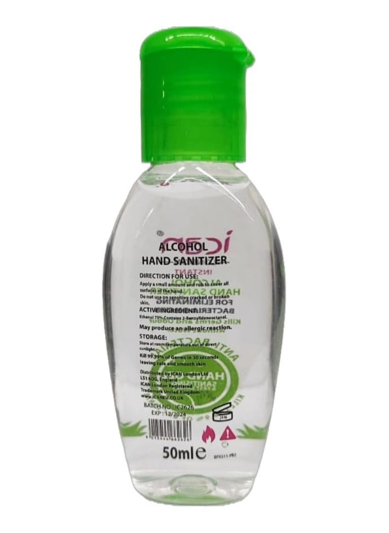 Instant alcohol hand sanitizer: Kills 99.9% of bacteria, odor-free, fast-drying, no water needed. Travel-friendly, 50ml